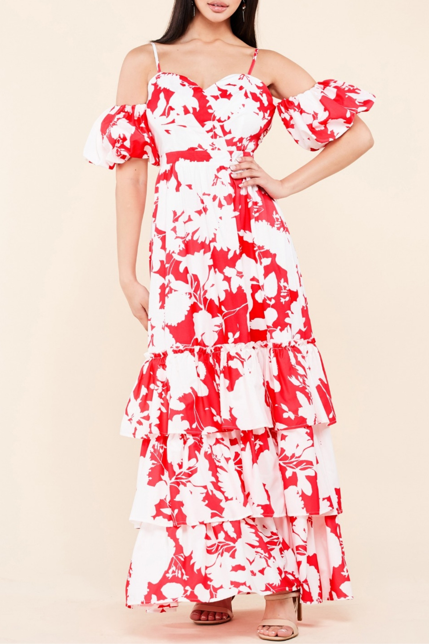 red maxi dress with white flowers