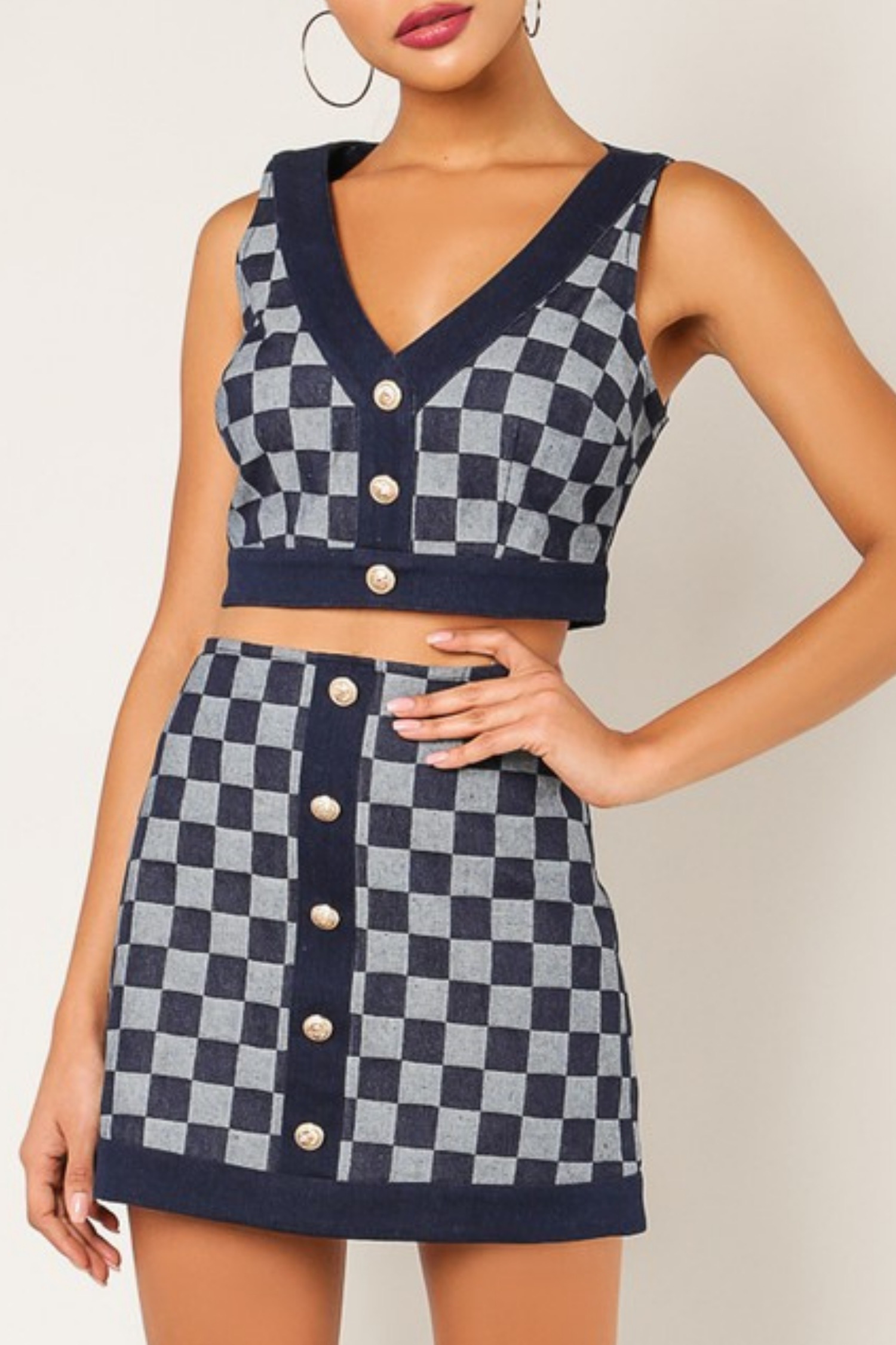 DENIM CHECKERED CROP TOP SKIRT SET 