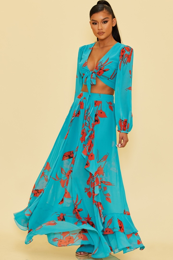 Red Florals Long Skirt Set - Teal 