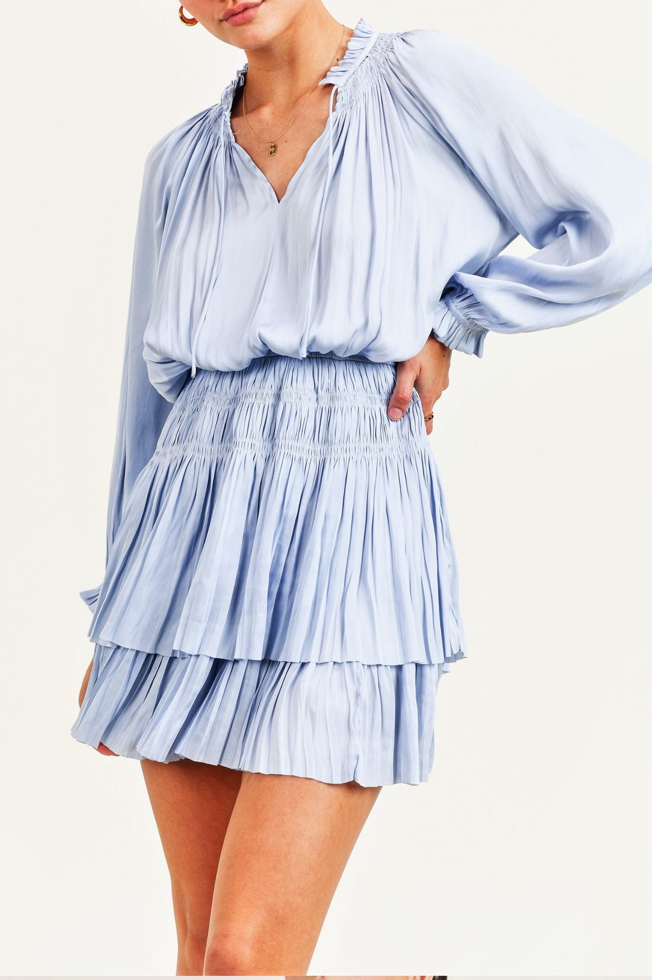 blue satin long sleeve dress